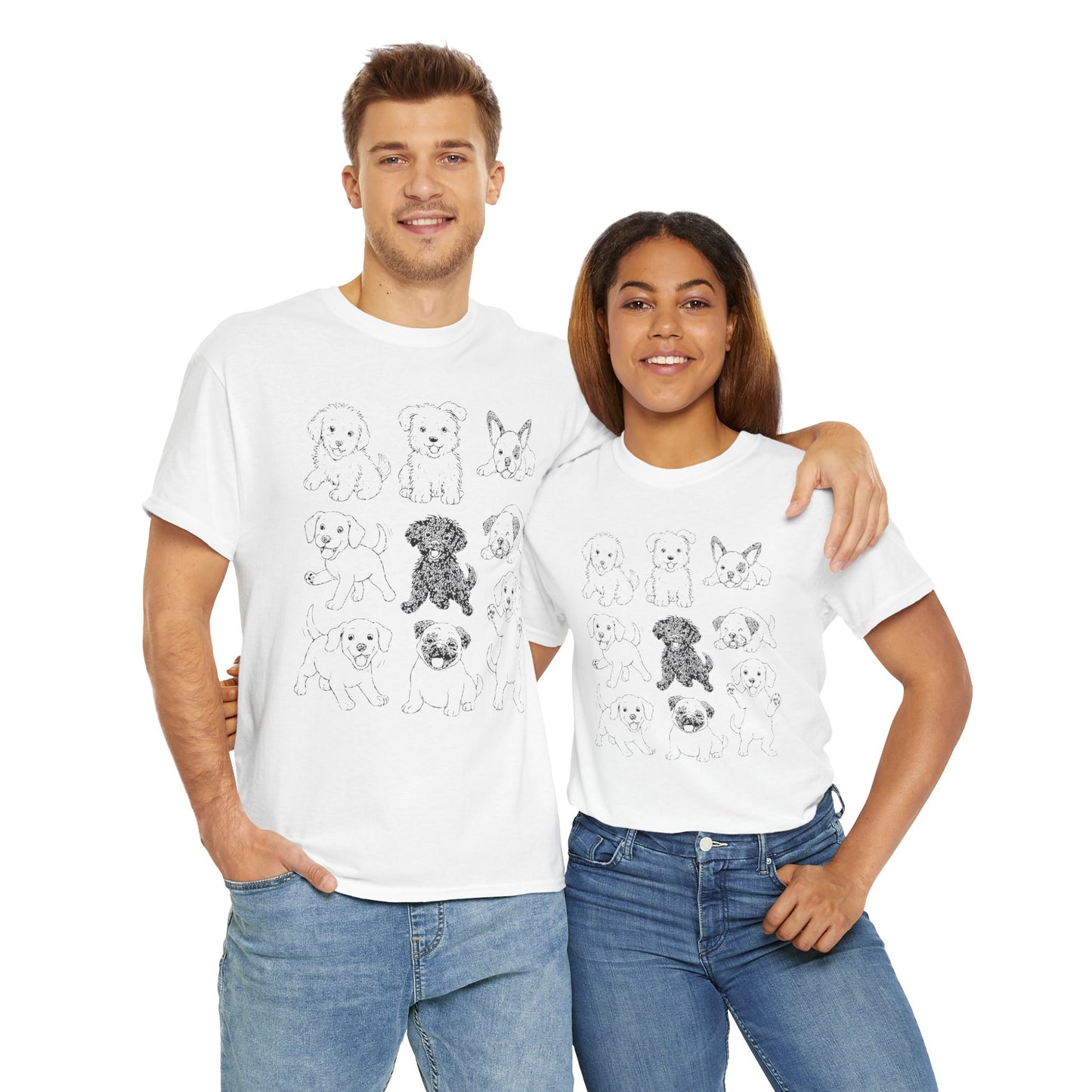 Cute Puppy Illustration Unisex Heavy Cotton Tee, Animal Lover Gift, Pet Owner Shirt, Casual Everyday Wear, Fun Gift for Dog Lovers