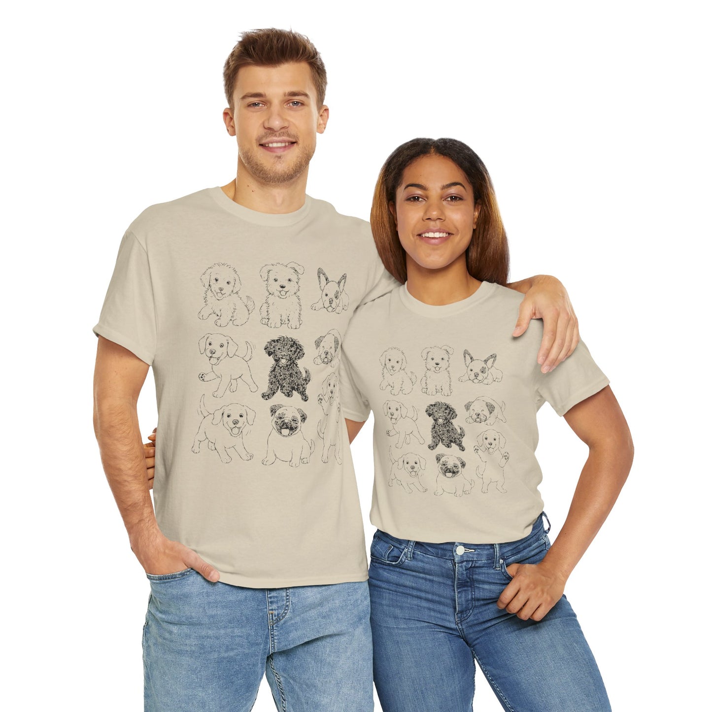 Cute Puppy Illustration Unisex Heavy Cotton Tee, Animal Lover Gift, Pet Owner Shirt, Casual Everyday Wear, Fun Gift for Dog Lovers