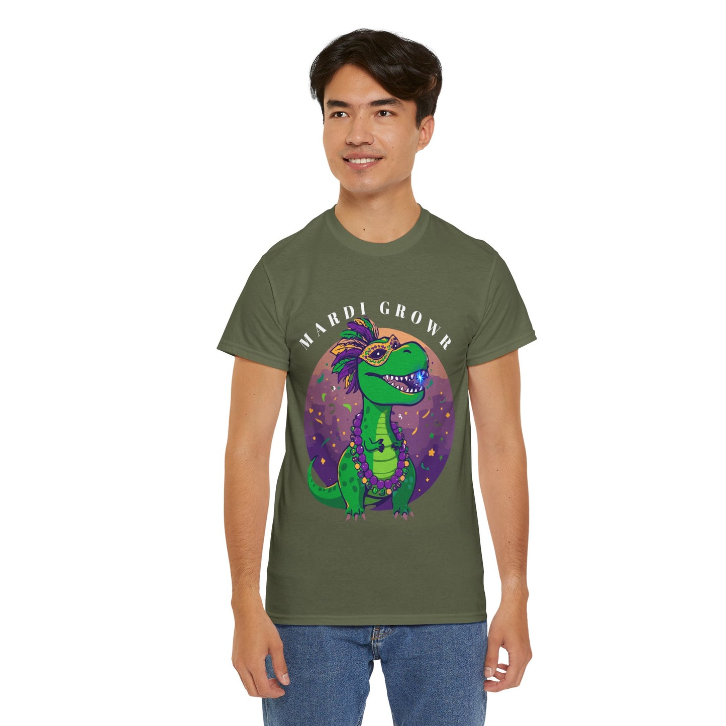 Mardi Gator T-Shirt — Cute Mardi Gras Dinosaur Tee with Beads & Mask