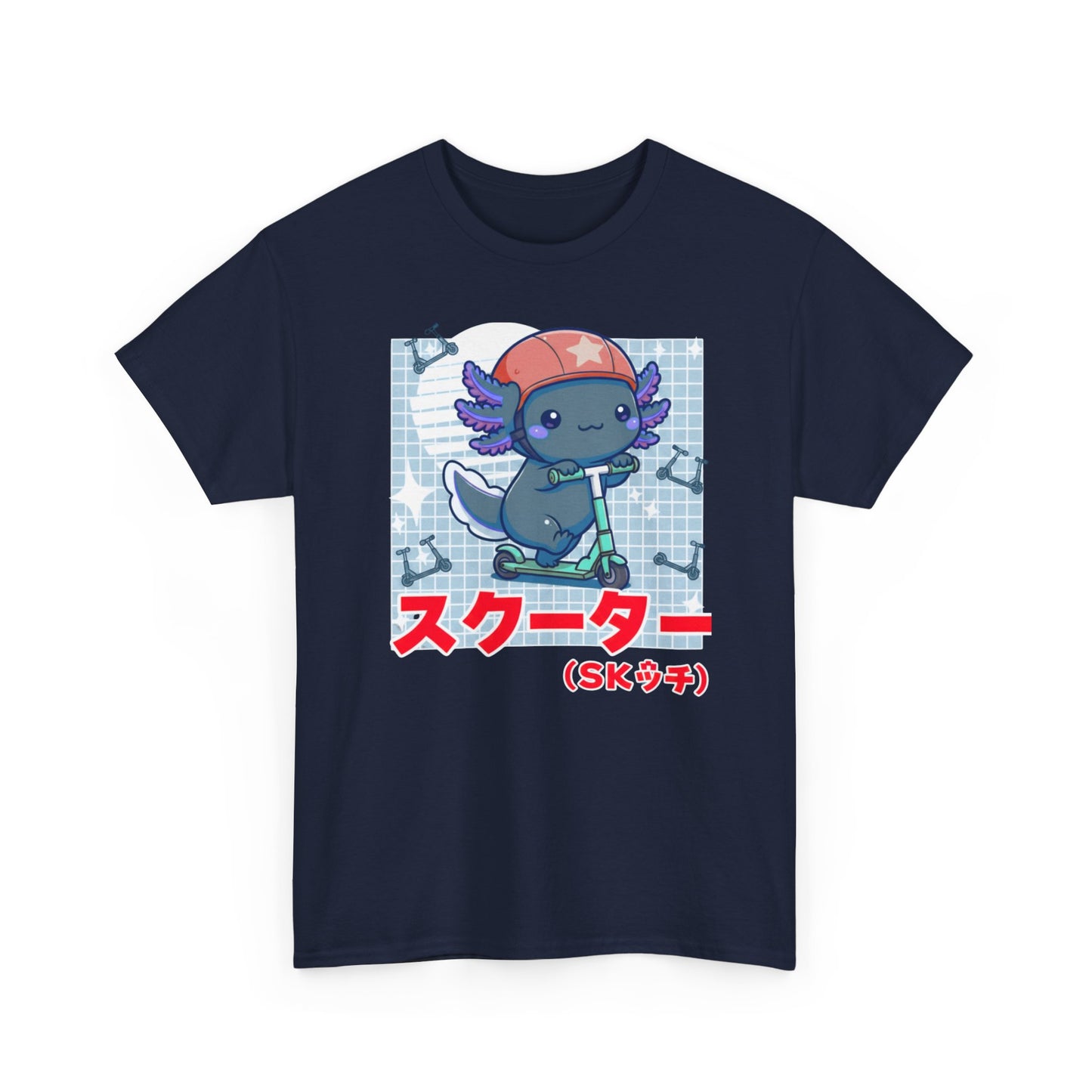 Axolotl Scooter T‑Shirt — Cute Kawaii Japanese Text Tee (スクーター)