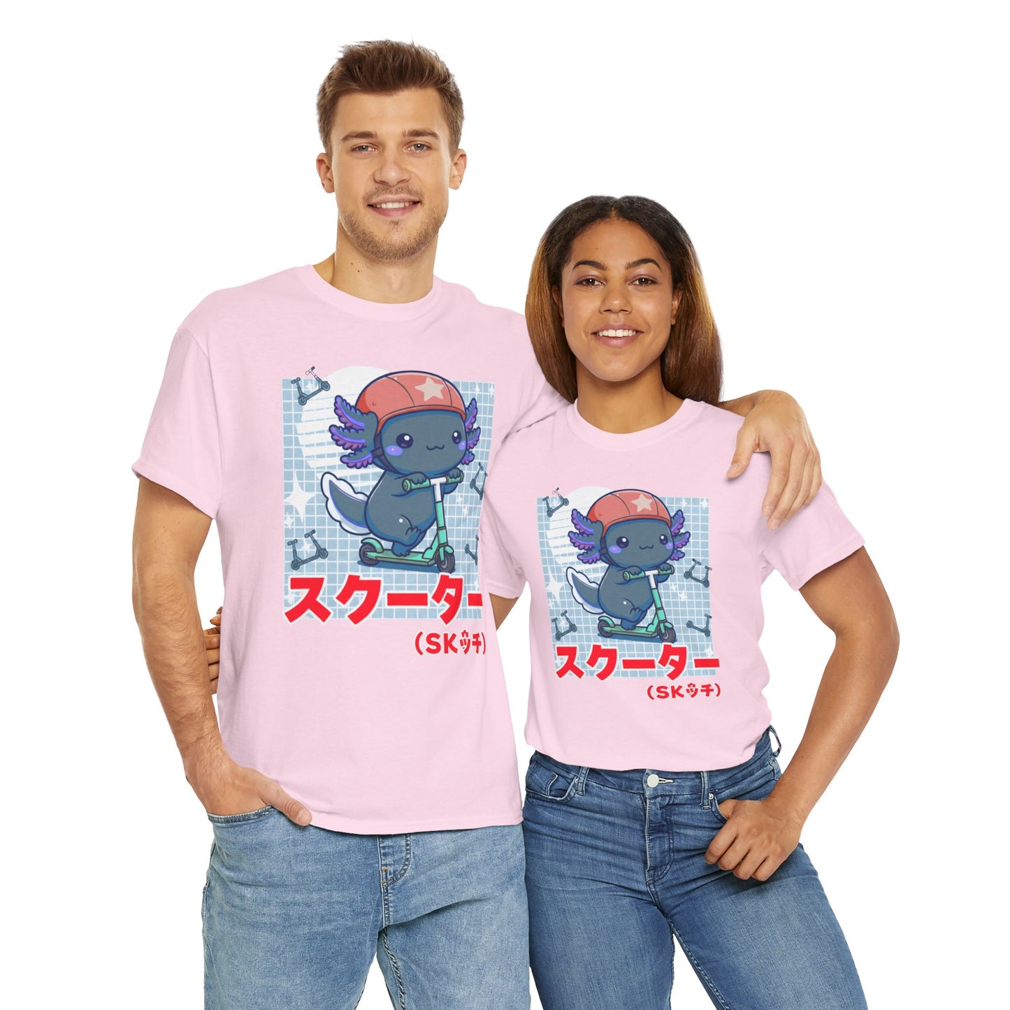 Axolotl Scooter T‑Shirt — Cute Kawaii Japanese Text Tee (スクーター)