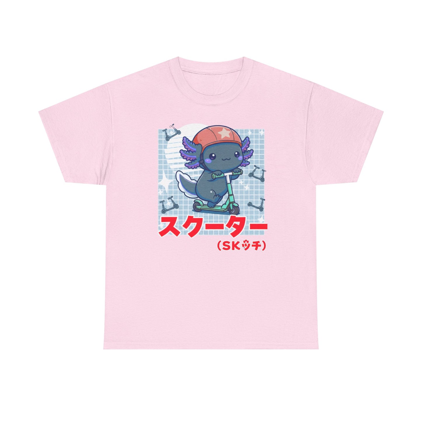 Axolotl Scooter T‑Shirt — Cute Kawaii Japanese Text Tee (スクーター)