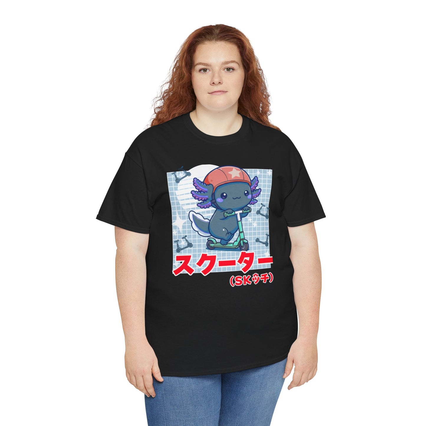 Axolotl Scooter T‑Shirt — Cute Kawaii Japanese Text Tee (スクーター)