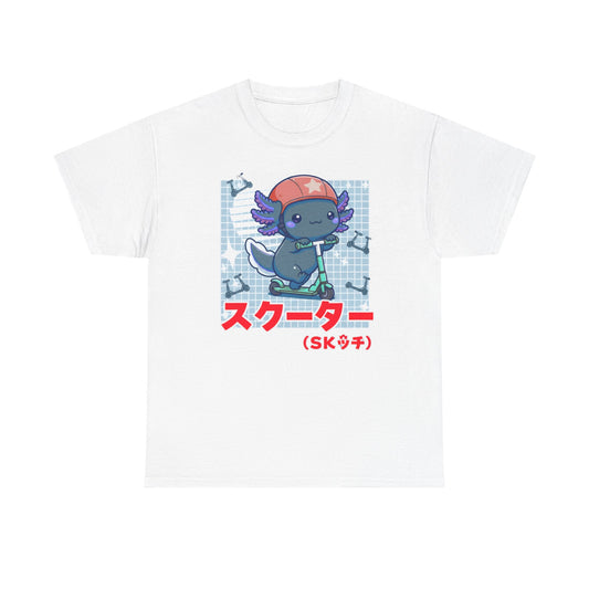 Axolotl Scooter T‑Shirt — Cute Kawaii Japanese Text Tee (スクーター)