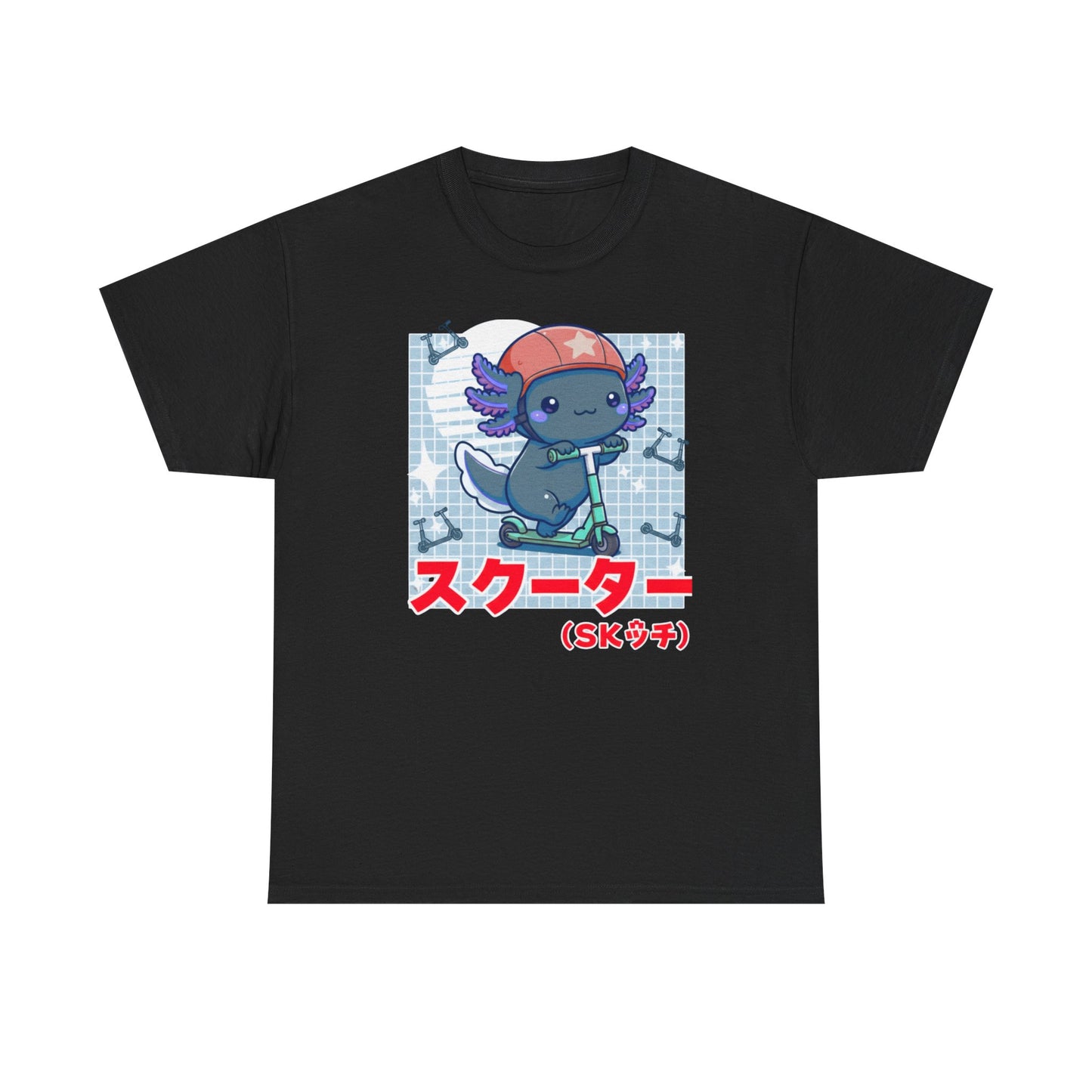 Axolotl Scooter T‑Shirt — Cute Kawaii Japanese Text Tee (スクーター)