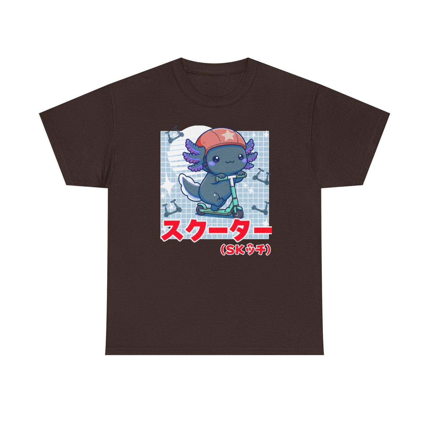 Axolotl Scooter T‑Shirt — Cute Kawaii Japanese Text Tee (スクーター)