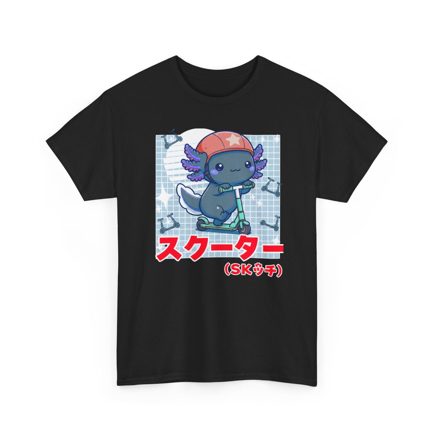 Axolotl Scooter T‑Shirt — Cute Kawaii Japanese Text Tee (スクーター)
