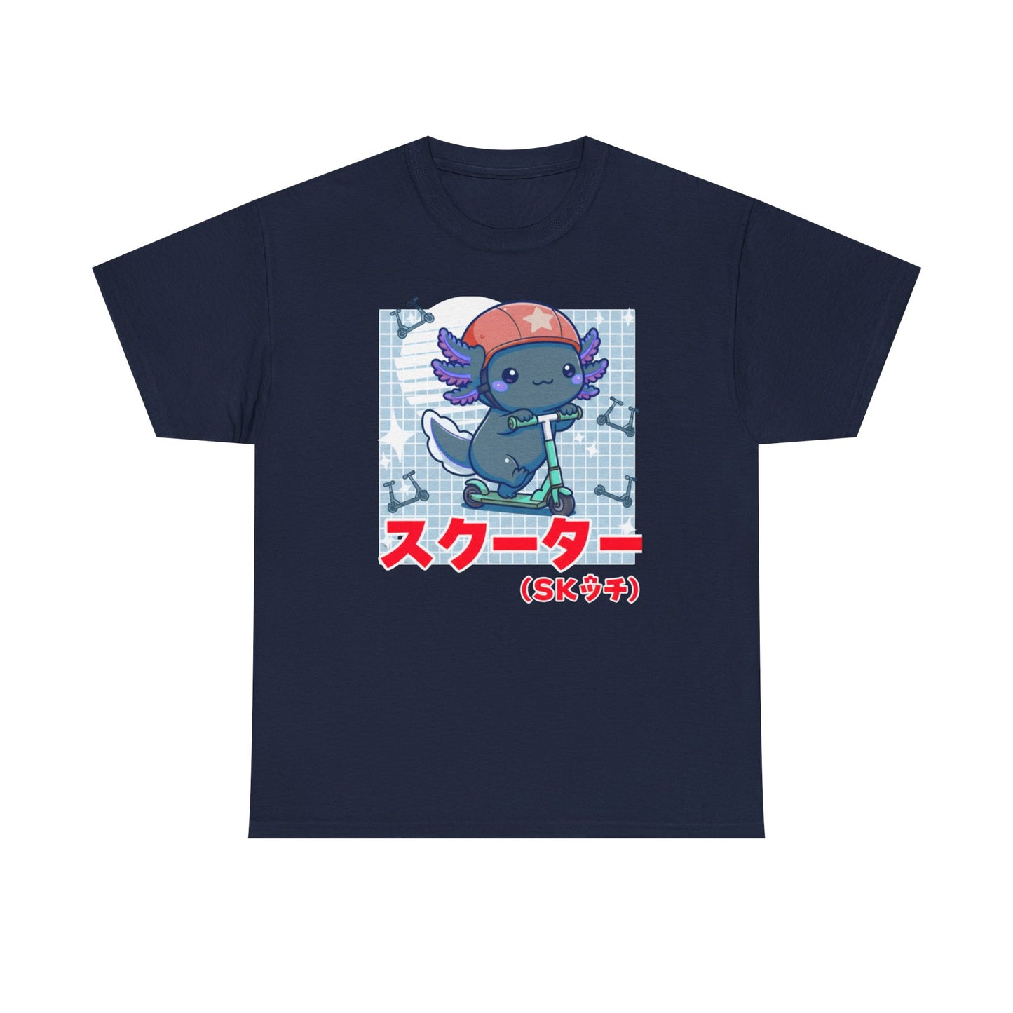 Axolotl Scooter T‑Shirt — Cute Kawaii Japanese Text Tee (スクーター)