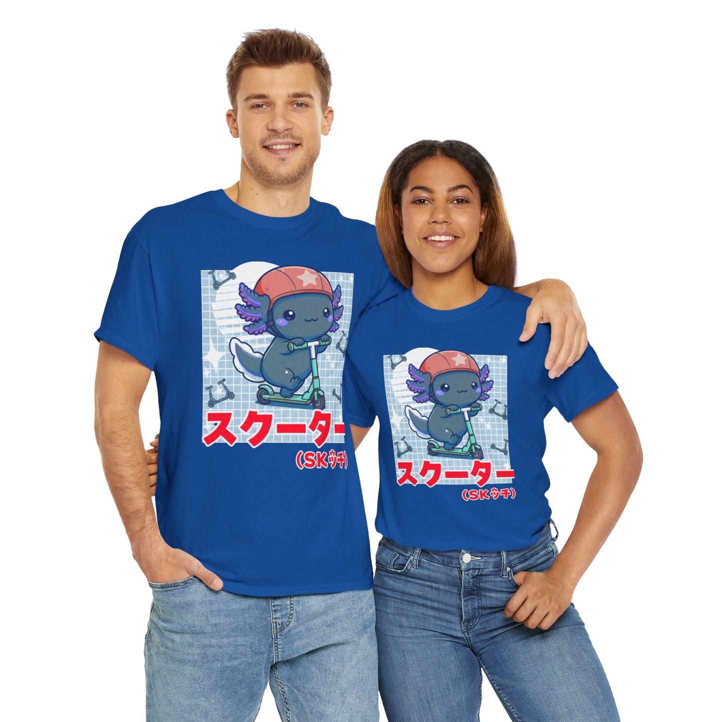 Axolotl Scooter T‑Shirt — Cute Kawaii Japanese Text Tee (スクーター)