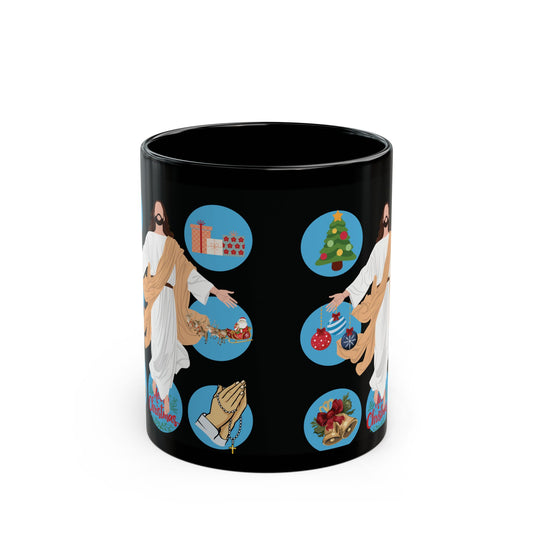 Holiday Spirit Black Mug - Christmas Cheer with Jesus Design, Perfect for Gifts, Coffee, Tea, Family Gatherings
