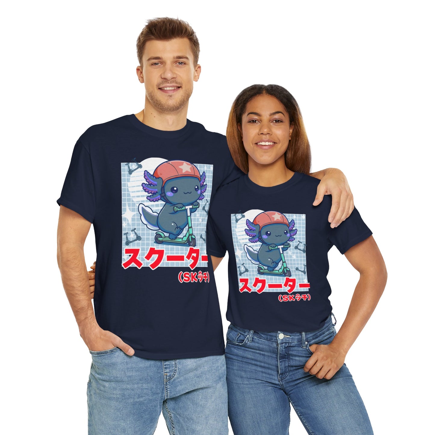 Axolotl Scooter T‑Shirt — Cute Kawaii Japanese Text Tee (スクーター)
