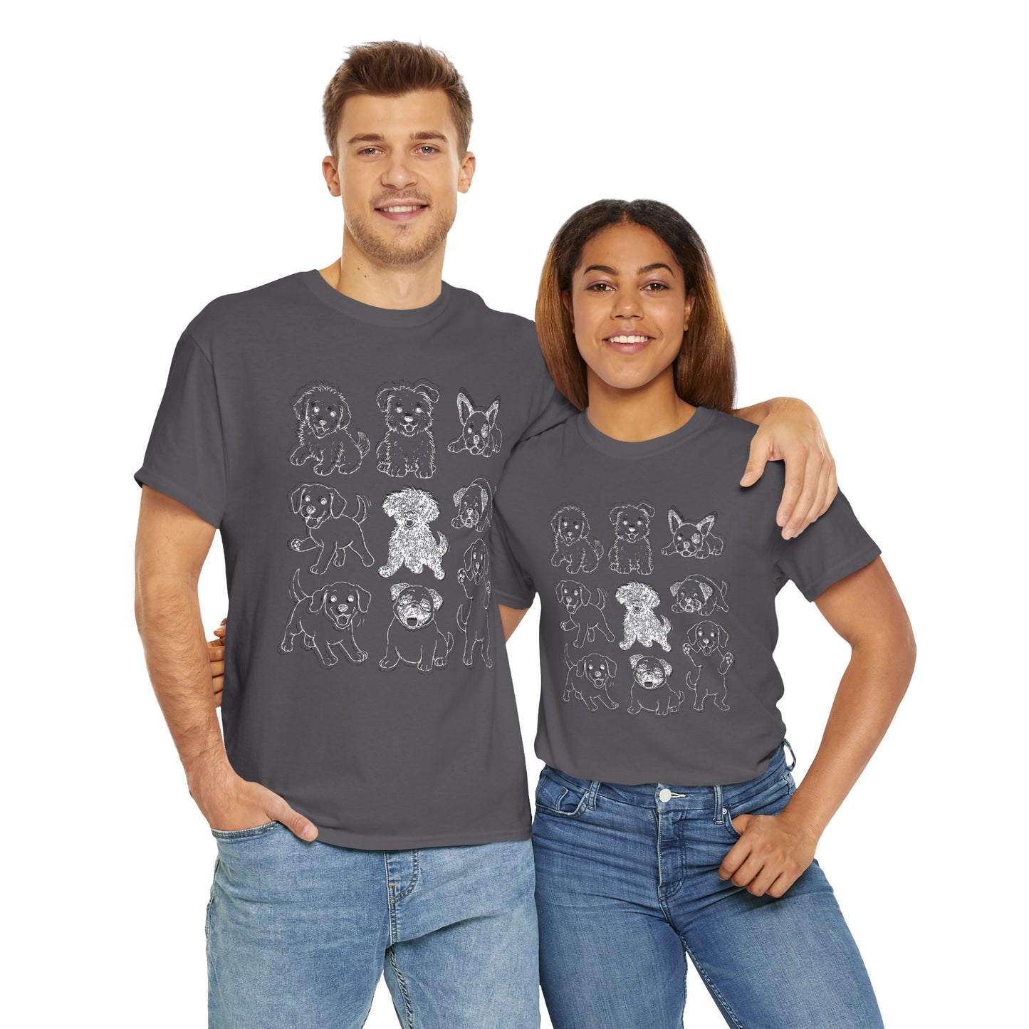 Cute Puppy Illustration Unisex Heavy Cotton Tee, Animal Lover Gift, Pet Owner Shirt, Casual Everyday Wear, Fun Gift for Dog Lovers