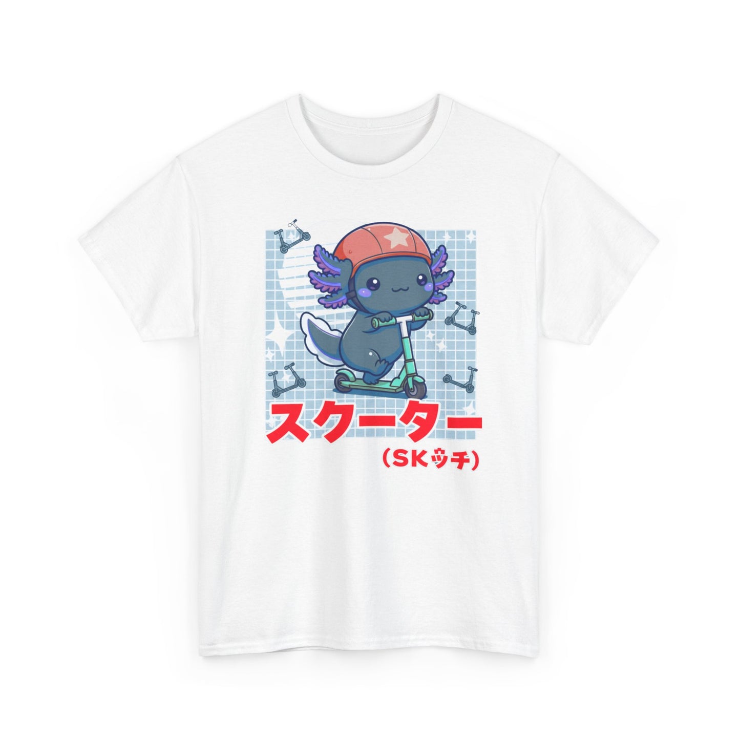 Axolotl Scooter T‑Shirt — Cute Kawaii Japanese Text Tee (スクーター)
