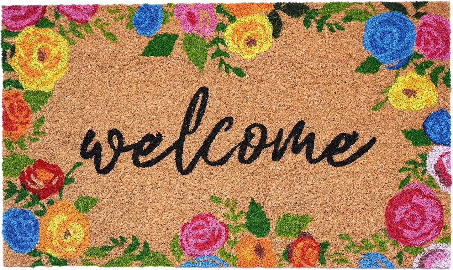 17" X 29" Natural Blue Pink And Yellow Floral Welcome Outdoor Coir Door Mat