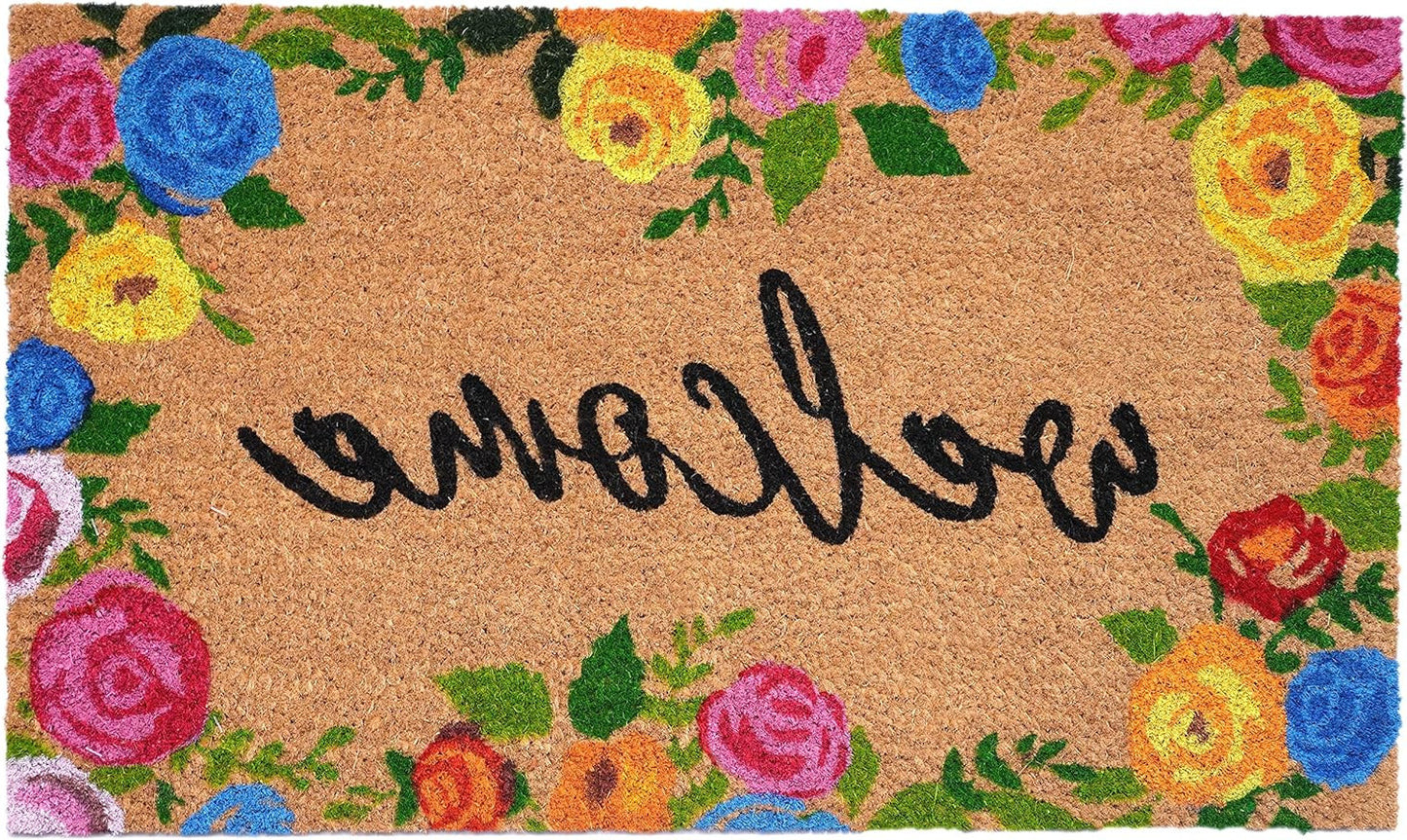 17" X 29" Natural Blue Pink And Yellow Floral Welcome Outdoor Coir Door Mat