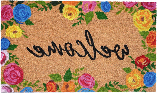 17" X 29" Natural Blue Pink And Yellow Floral Welcome Outdoor Coir Door Mat