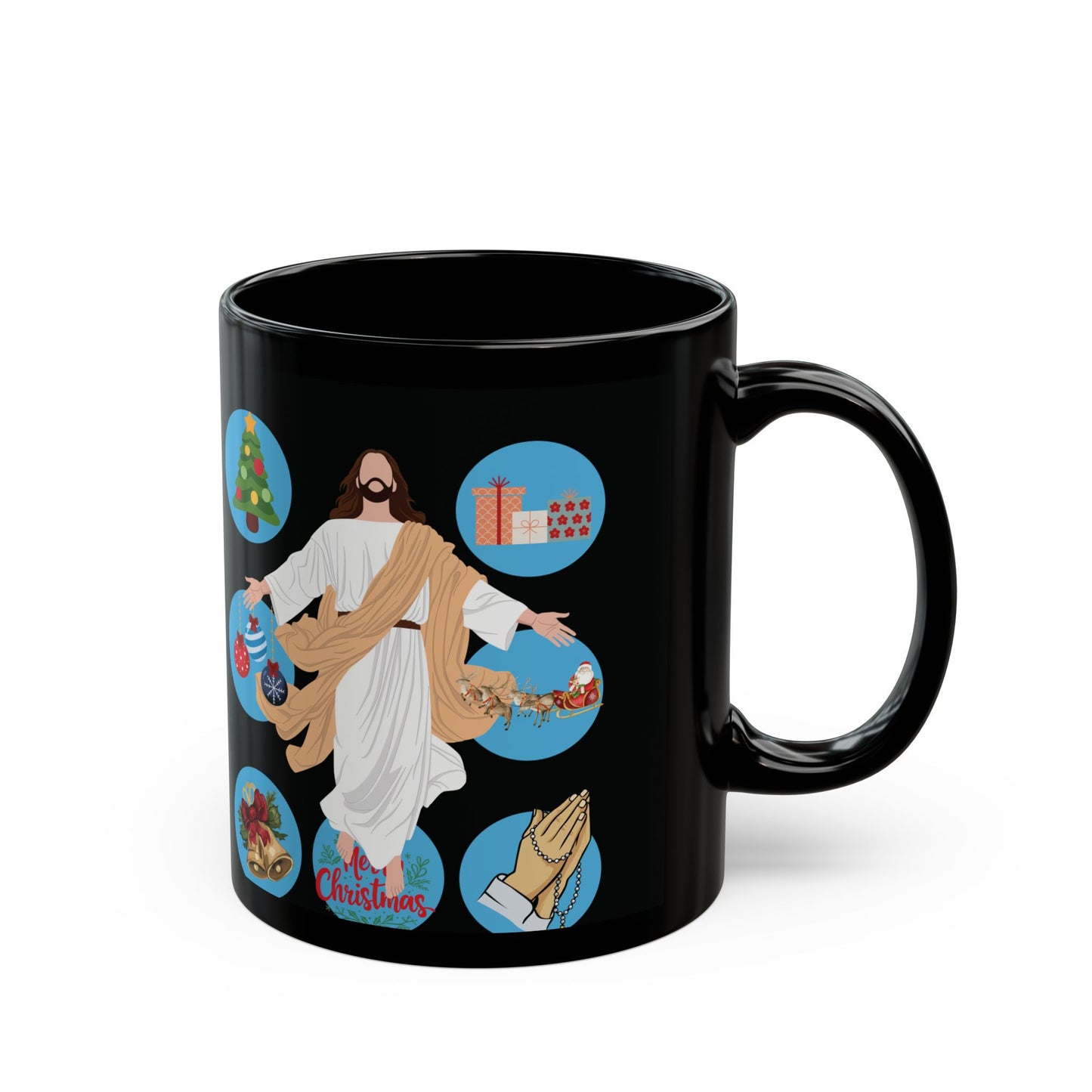 Holiday Spirit Black Mug - Christmas Cheer with Jesus Design, Perfect for Gifts, Coffee, Tea, Family Gatherings