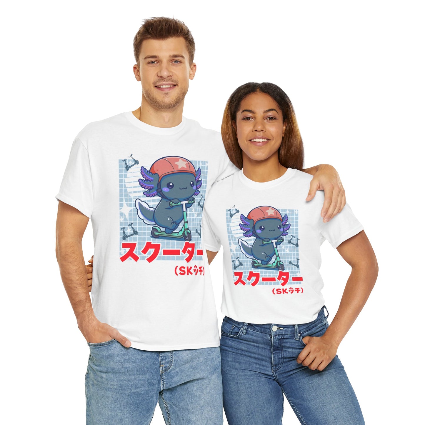Axolotl Scooter T‑Shirt — Cute Kawaii Japanese Text Tee (スクーター)