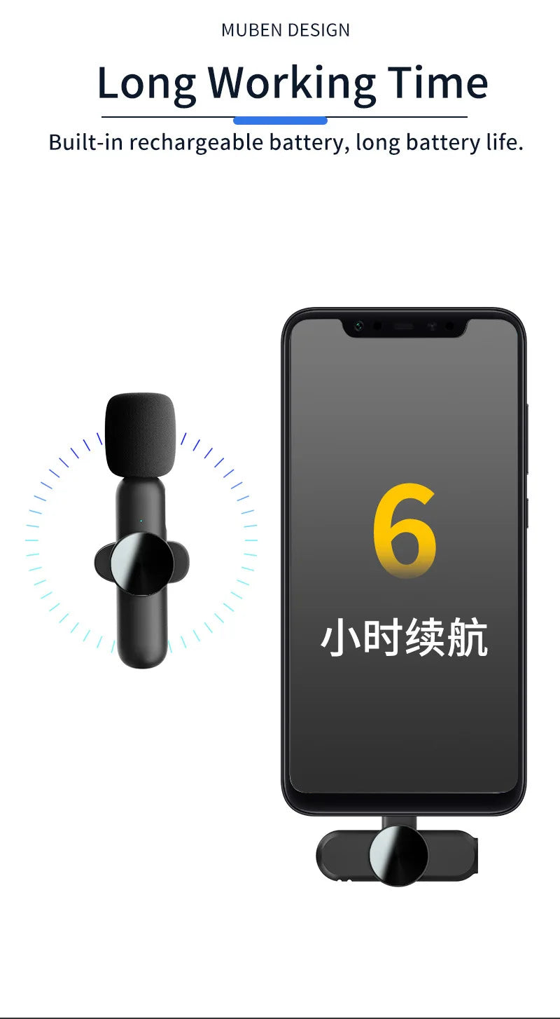 Wireless Lavalier Microphone Mini Portable Smart Noise Reduction Video Recording Microphone for iPhone Android Lapel Mic