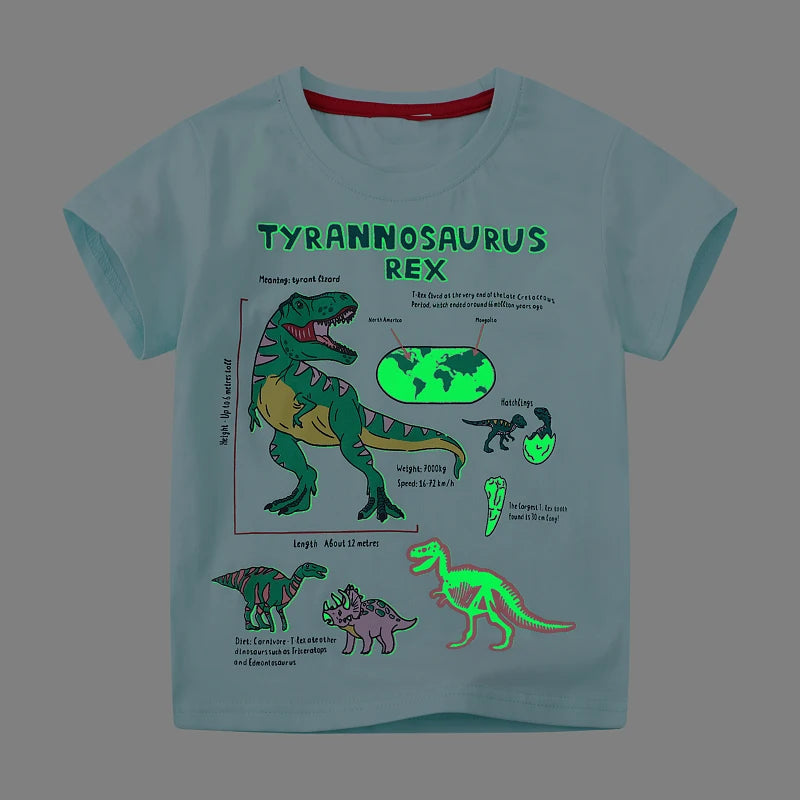 Little Maven Boys T-shirt Summer Luminous Dinosaur Print Cotton Casual Top for Kids 2-7 Years Short Sleeve O-Neck Fashionable