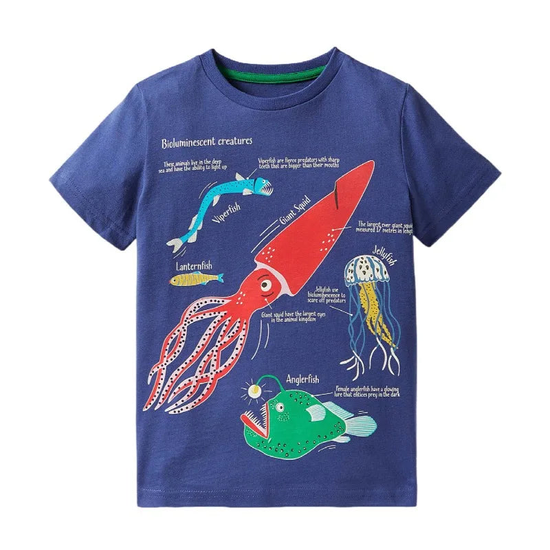 Little Maven Boys T-shirt Summer Luminous Dinosaur Print Cotton Casual Top for Kids 2-7 Years Short Sleeve O-Neck Fashionable