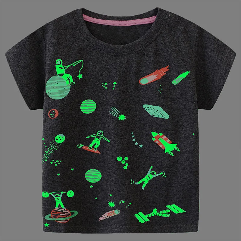 Little Maven Boys T-shirt Summer Luminous Dinosaur Print Cotton Casual Top for Kids 2-7 Years Short Sleeve O-Neck Fashionable