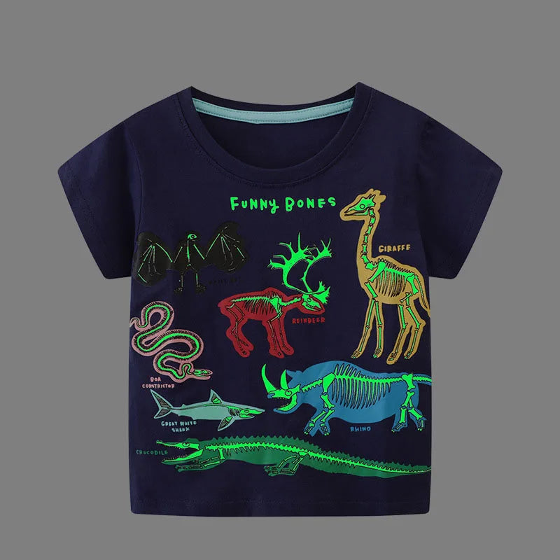 Little Maven Boys T-shirt Summer Luminous Dinosaur Print Cotton Casual Top for Kids 2-7 Years Short Sleeve O-Neck Fashionable