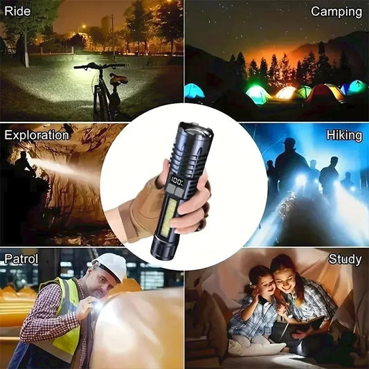 High Power LED Flashlight Powerful TYPE-C Rechargeable COB Flashlight With Side Light Torch For Outdoor Camping Hiking