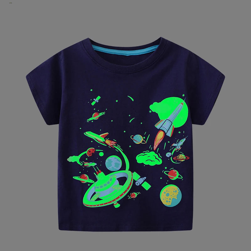Little Maven Boys T-shirt Summer Luminous Dinosaur Print Cotton Casual Top for Kids 2-7 Years Short Sleeve O-Neck Fashionable