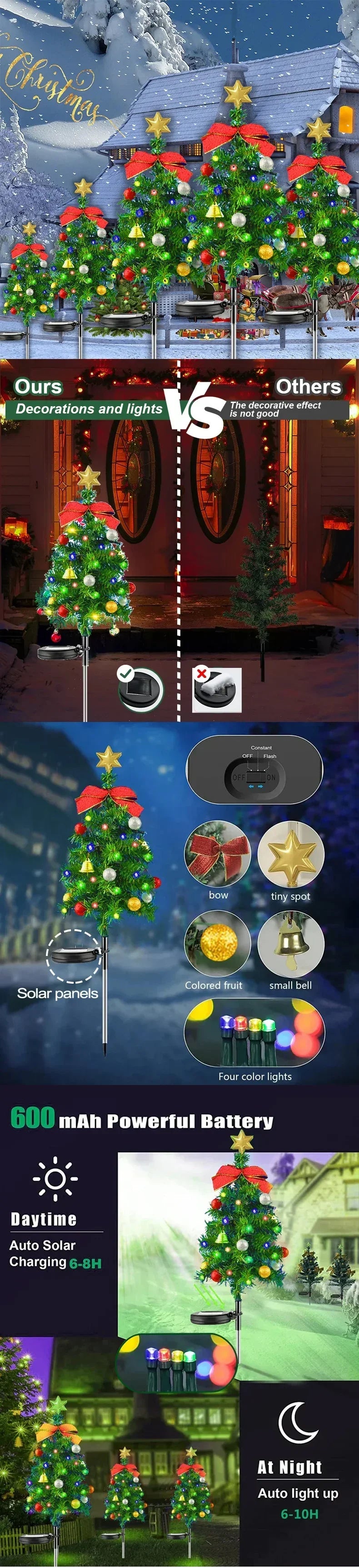 Solar Christmas Tree Decor Lights IP65 Waterproof Outdoors LED Lawn Light Garden Landscape Lamps for Patio Porch Pathway