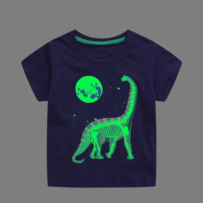 Little Maven Boys T-shirt Summer Luminous Dinosaur Print Cotton Casual Top for Kids 2-7 Years Short Sleeve O-Neck Fashionable
