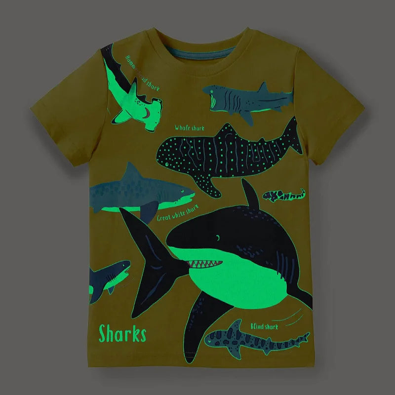 Little Maven Boys T-shirt Summer Luminous Dinosaur Print Cotton Casual Top for Kids 2-7 Years Short Sleeve O-Neck Fashionable
