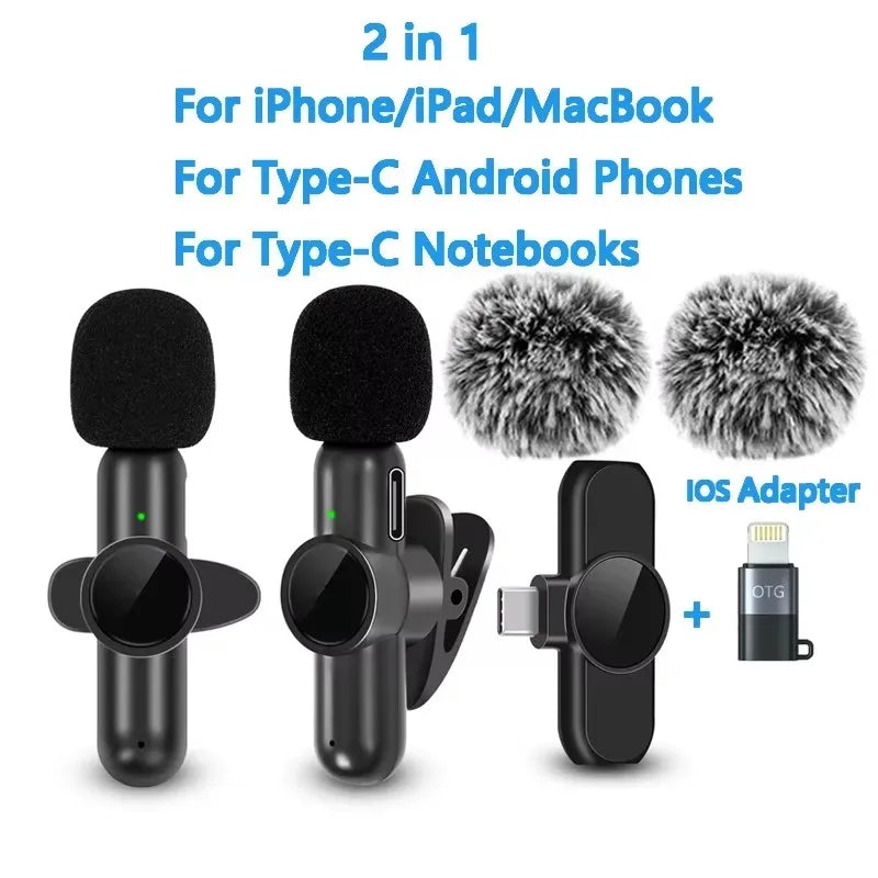 Wireless Lavalier Microphone Mini Portable Smart Noise Reduction Video Recording Microphone for iPhone Android Lapel Mic
