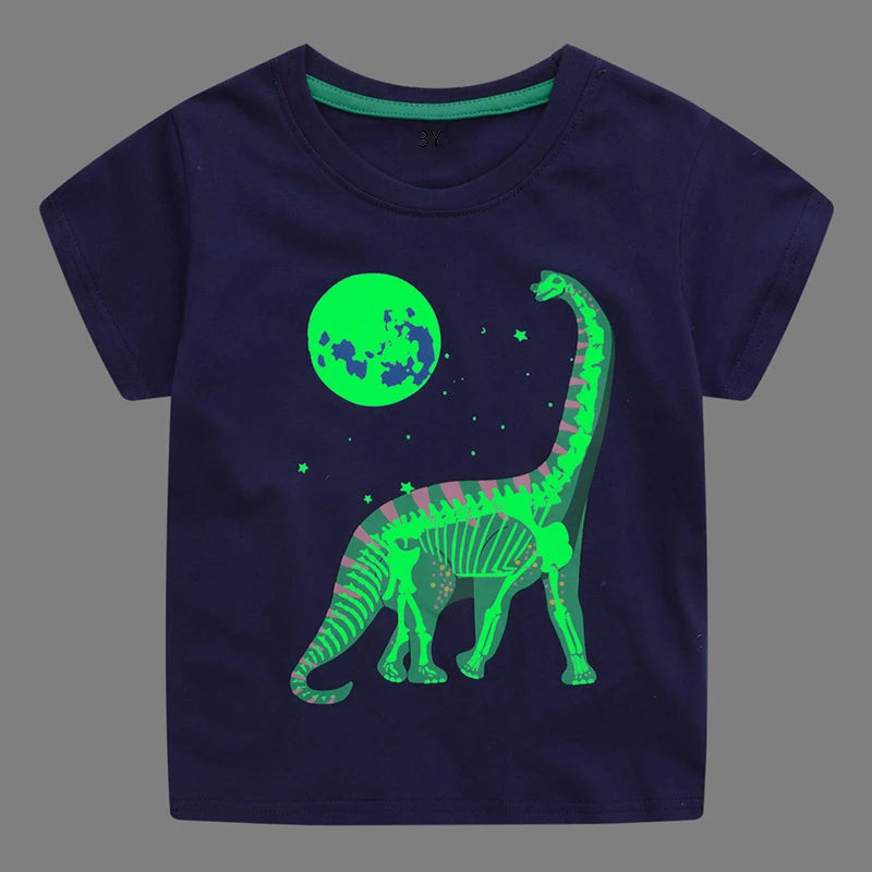 Little Maven Boys T-shirt Summer Luminous Dinosaur Print Cotton Casual Top for Kids 2-7 Years Short Sleeve O-Neck Fashionable