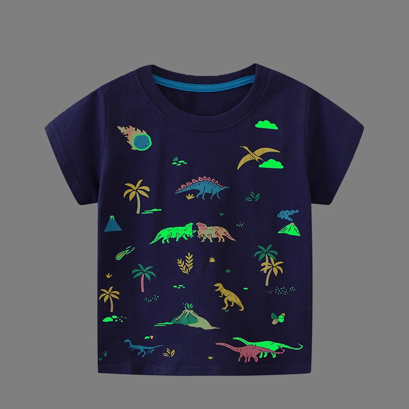 Little Maven Boys T-shirt Summer Luminous Dinosaur Print Cotton Casual Top for Kids 2-7 Years Short Sleeve O-Neck Fashionable