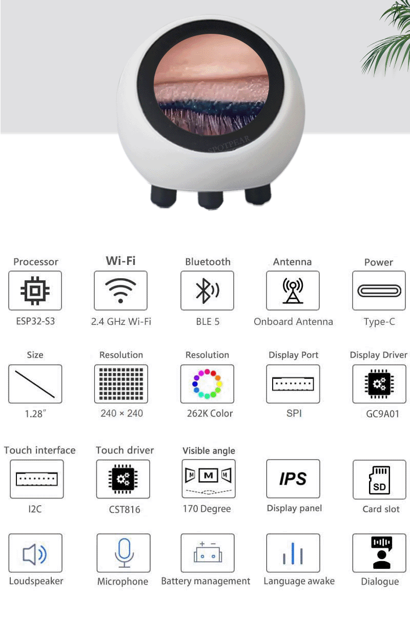 DeepSeek Compatible XiaoZhi AI Voice Chat Robot Ball ESP32-S3 Development Board 1.28 inch LCD spHome Assistant WifiWeather N16R8